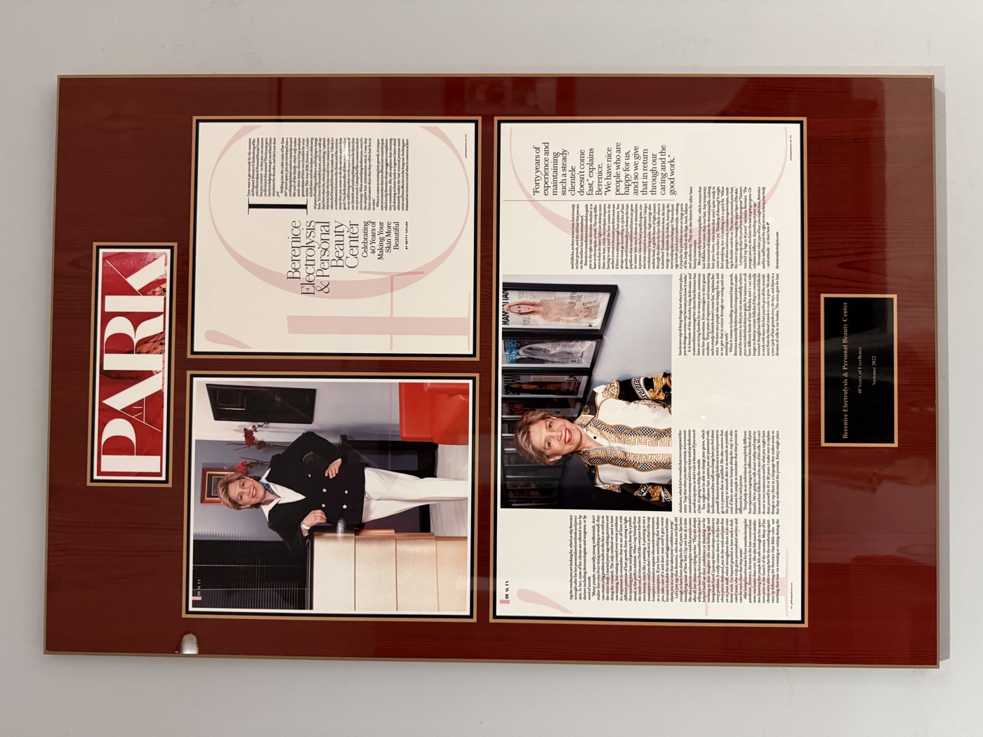PARK magazine feature celebrating forty years of Berenice Electrolysis and Personal Beauty Center
